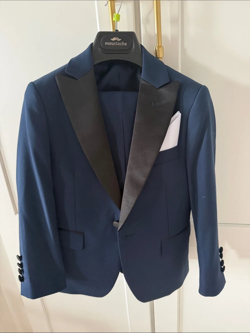 Boys Navy Formal Suit with Peak Black Satin Lapel